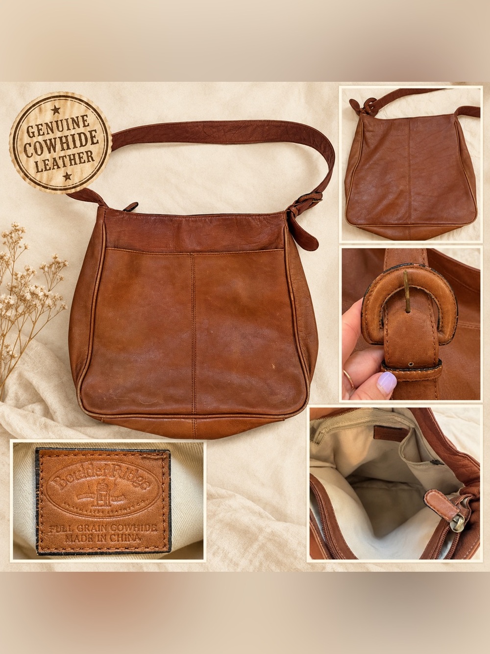 Boulder Ridge Genuine Cowhide Leather Cognac Brown Shoulder Bag